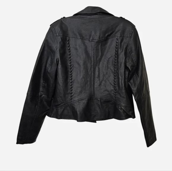 Black faux leather biker Jacket with braided details & zipper pockets womens XS - Picture 6 of 8